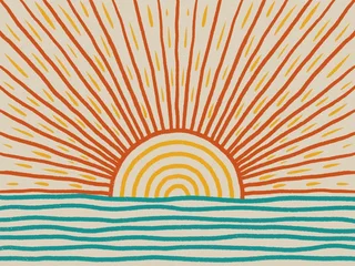 Fototapeten Mid century modern art with sun and sea. Abstract landscape with sunrise or sunset. Hand drawn illustration in Procreate. © YulianaHoncharuk