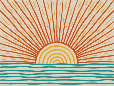 Mid century modern art with sun and sea. Abstract landscape with sunrise or sunset. Hand drawn illustration in Procreate.