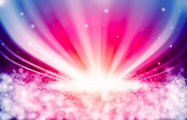 Red,Pink sparkle rays glitter lights with spotlight bokeh elegant show on stage abstract background. Dust sparks background.Spotlight background