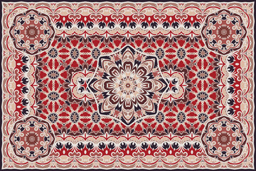 Vintage Arabic pattern. Persian colored carpet. Rich ornament for fabric design, handmade, interior decoration, textiles. Red background. - 437850921