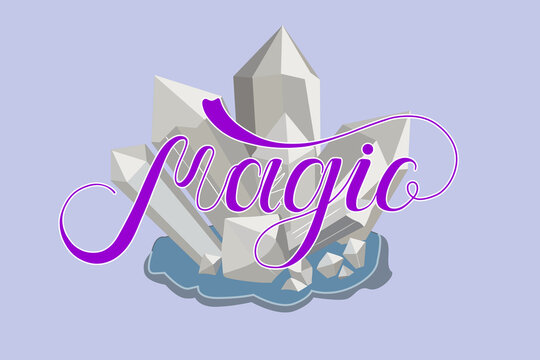Magic handwritten purple script thin text typography lettering and calligraphy phrase isolated on blue background. Vector illustration. Design for logo, concept, postcard, print, invitation.