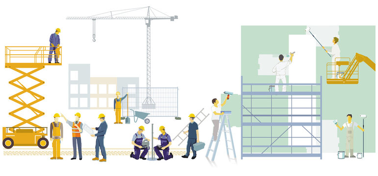 Handwerker und  Bauarbeiter auf der Baustelle, Illustration