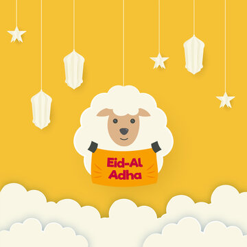 Paper Cut Illustration Of Cartoon Sheep Showing Eid Al Adha Ribbon Or Poster, Lanterns, Stars Hang And Clouds On Yellow Background.