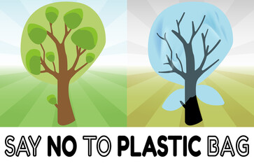 Obraz premium International plastic bag free day. Say no to plastic. Go green. Save nature. Save ocean. Live tree and dead tree in plastic bag. Vector banner