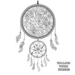 Fototapeta premium Dreamcatcher. Zentangle. Feathers. Abstract mystic symbol. American indians symbol. Zen art. Design for spiritual relaxation for adults. Line art creation. Black and white illustration for coloring