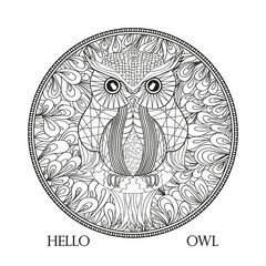 Mandala with owl. Zentangle. Hand drawn abstract patterns on isolation background. Design for spiritual relaxation for adults. Zendala. Outline for tattoo, printing on t-shirts, posters and other