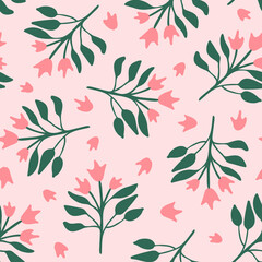 Cute botanical seamless repeat pattern. Random placed, pink and green abstract flowers with leaves all over surface print.