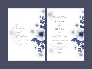 Floral Wedding Invitation Template Layout In Blue And White Color.