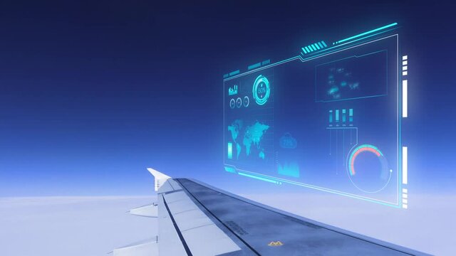 Airplane wing and overlay HUD showing data from current flight. 3D rendering flight and travel industry animation.