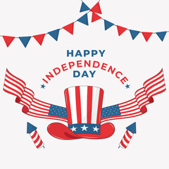 Happy Independence Day Concept With Uncle Sam Hat, American Flag Ribbon And Firework Rockets On White Background.