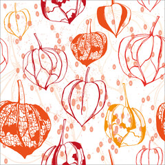 Chinese lanterns, physalis, illustration, seemless repeat pattern in orange, red, yellow, autumn colors