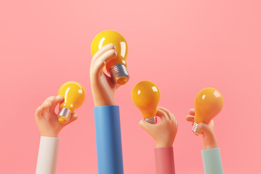 Hands of people holding light bulbs on yellow background. Great ideas competition, Creative idea concept, 3d render.
