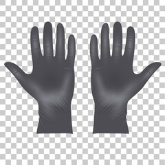 Medical latex protective gloves, realistic black gloves on transparent