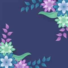 Colorful Flowers With Leaves Decorated Blue Background And Copy Space.