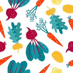 Vector seamless pattern with beet, turnip, carrot and potato. - 437855534