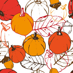 Pumpkins and leaves, autumn fall illustration, handdrawn, red, brown, orange, seamless repeat pattern