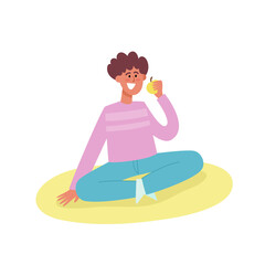 Vector illustration of picnic with man with apple on blanket