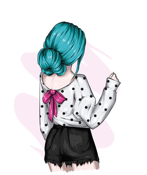 A girl with a stylish hairstyle and a bow. Fashion and style, clothing and accessories.