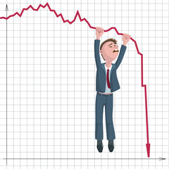 Businessman or broker falls down and red arrows of stock market falling down. Vector illustration of stock market crash, economic crisis. 