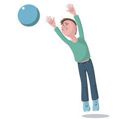 The happy man throws or catches the ball up over white background.