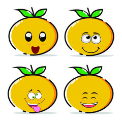 set of fruits. The happy face of a happy orange fruit figure with wide eyes and a big smile, also a relaxed expression smile, a crazy expression with sticking out his tongue and a happy smile until hi