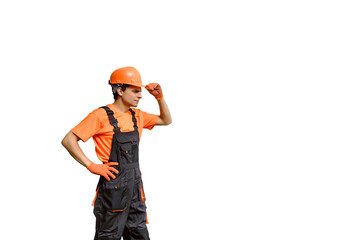 Young happy man builder construction worker with hands in different position on white background