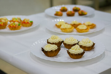 Assortment of delicious fresh shortcrust tart cakes with cream on white plate for sale at restaurant, cafe, bakery. Dessert, culinary, sweet food and confectionery concept