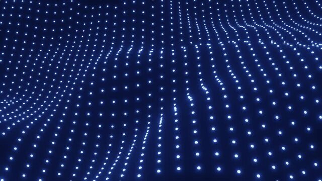 A moving abstract grid whose nodes are neon blue points over black background.
Technology or science. 3d rendering, seamless, loopable.    