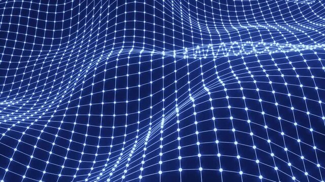 A moving abstract grid whose nodes are neon blue points over black background.
Technology or science. 3d rendering, seamless, loopable. 