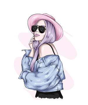 Beautiful girl in a stylish hat and glasses. Vector illustration. Fashion and style, clothing and accessories.