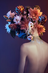 Beauty flowers face of a woman with double exposure. Portrait of a girl neon light and color,...