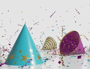 Festive floor with confetti, serpentine and cones.  Celebration of party. Holiday background. 3D illustration.  