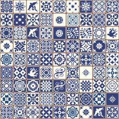 Blue Portuguese tiles pattern - Azulejos vector, fashion interior design tiles  - 437856937