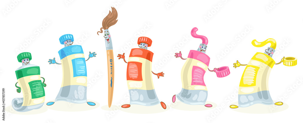 Sticker Comic set of one cute paintbrush and five funny paint tubes. Watercolor, gouache, acrylic or oil paint. In cartoon style. Isolated on white background. Vector flat illustration.