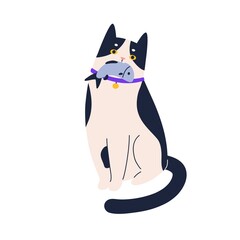 Cute adorable cat sitting with fish in mouth. Sweet funny kitty with food in teeth. Portrait of lovely spotty kitten. Colored flat vector illustration of pet isolated on white background