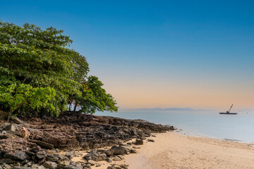 Rocks and trees on the beach, Klong mung, Krabi, Thailand 