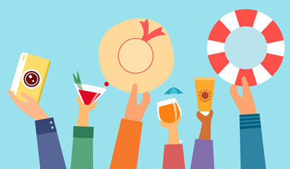 Hello summer concept vector illustration. People enjoy a vacation trip at the beach. Hand holding beach hat, sunscreen, cocktail drink, fruit juice and camera in flat design.
