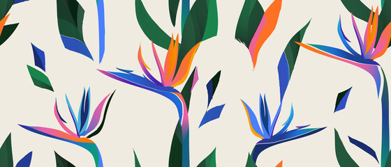 Obrazy  Abstract pattern with strelitzia flower. Creative collage contemporary seamless pattern. Fashionable template for design.