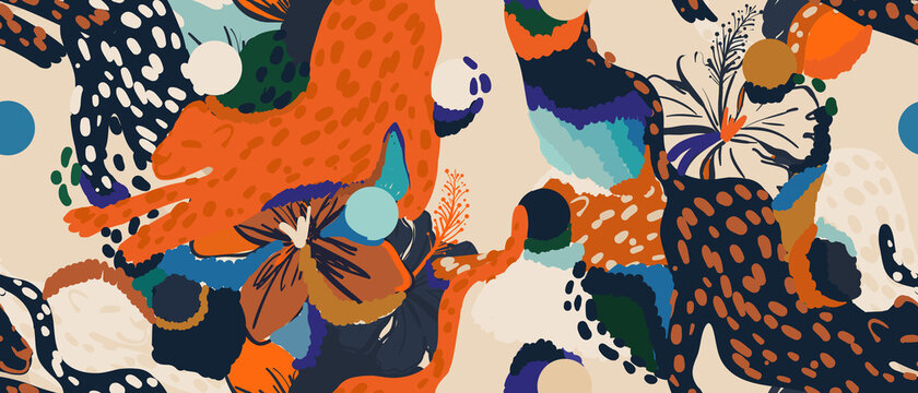 Hand Drawn Abstract Jungle Pattern With Leopards. Creative Collage Contemporary Seamless Pattern. Fashionable Template For Design.