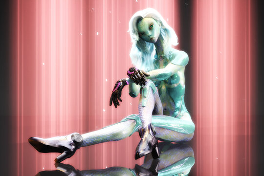 Artistic 3D illustration of a science-fiction female