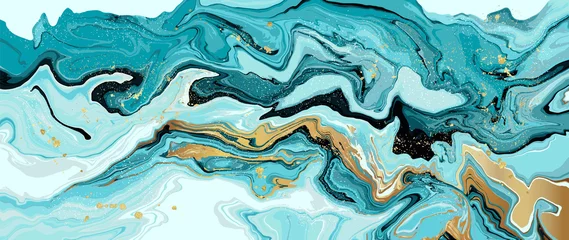 Fotobehang Turquoise Blauw marmer en gouden abstracte textuur als achtergrond. Indigo oceaanblauw marmer met natuurlijke luxe wervelingen van marmer en goudpoeder.