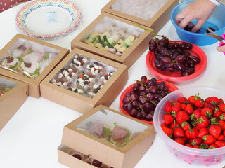 close up sandwiches in cardboard packaging in portions in catering services delivery