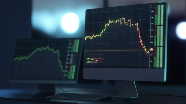 Stock market graph displayed on monitors. 3D Render. Crypto currency changing. Online market exchange. Chart of ethereum, bitcoin. Green, red candlesticks. Increase and decrease. Finance, business. 4K