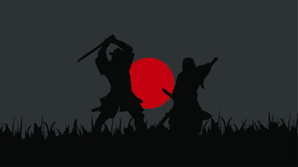 silhouette of a samurai fighting a ninja on a black background
