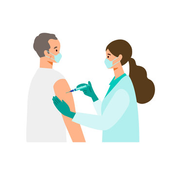 Concept for coronavirus vaccination. Doctor makes an injection of flu vaccine to elderly man.