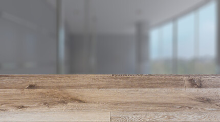 Background with empty wooden table. Flooring. Modern meeting room. 3D rendering.