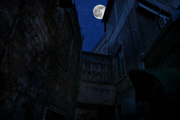 Full moon over the city at night, Baku Azerbaijan. Big full moon shining bright over buildings © zef art