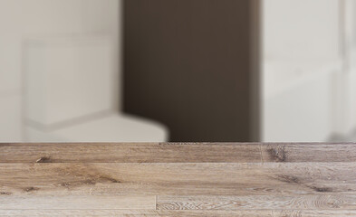 Background with empty wooden table. Flooring. Scandinavian bathroom, classic  vintage interior design. 3D rend