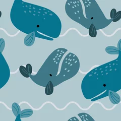 Crédence de cuisine en verre imprimé Baleine Modèle sans couture avec de jolies baleines sur fond bleu avec des vagues