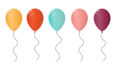 Balloons in pink, blue, yellow, purple and orange on an isolated white background. Illustration of festive cartoon helium balloons. Vector set.